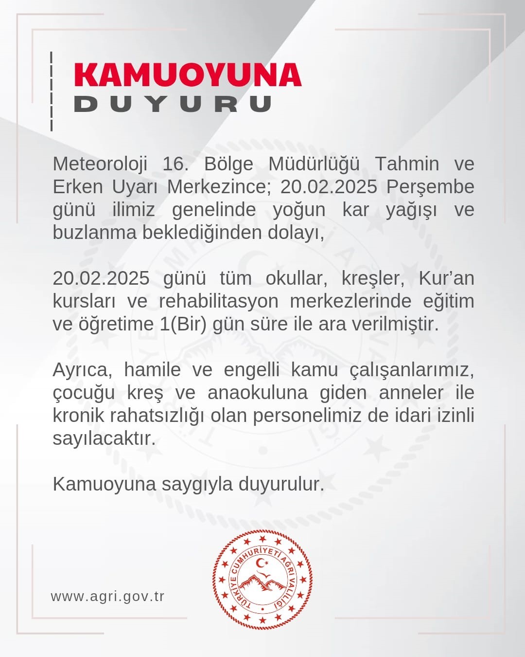 AĞRI’DA KAR YAĞIŞI NEDENİYLE EĞİTİM TATİLİ