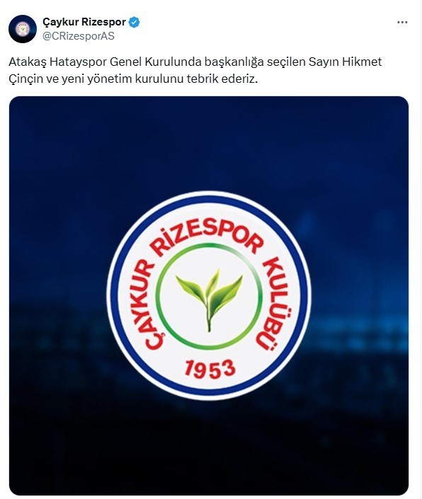 ÇAYKUR RİZESPOR, ATAKAŞ HATAYSPOR’UN YENİ BAŞKANINI TEBRİK ETTİ