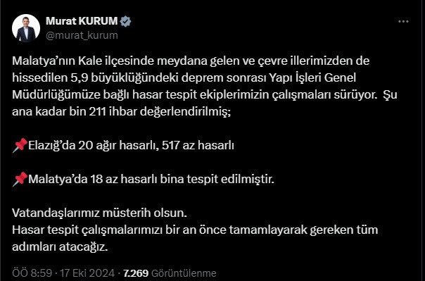 KALE DEPREMİ SONRASI HASAR TESPİT ÇALIŞMALARI HIZLA DEVAM EDİYOR