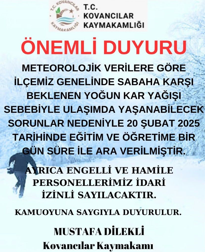KARAKOÇAN, KOVANCILAR VE AĞIN'DA KAR YAĞIŞI NEDENİYLE EĞİTİME ARA VERİLDİ