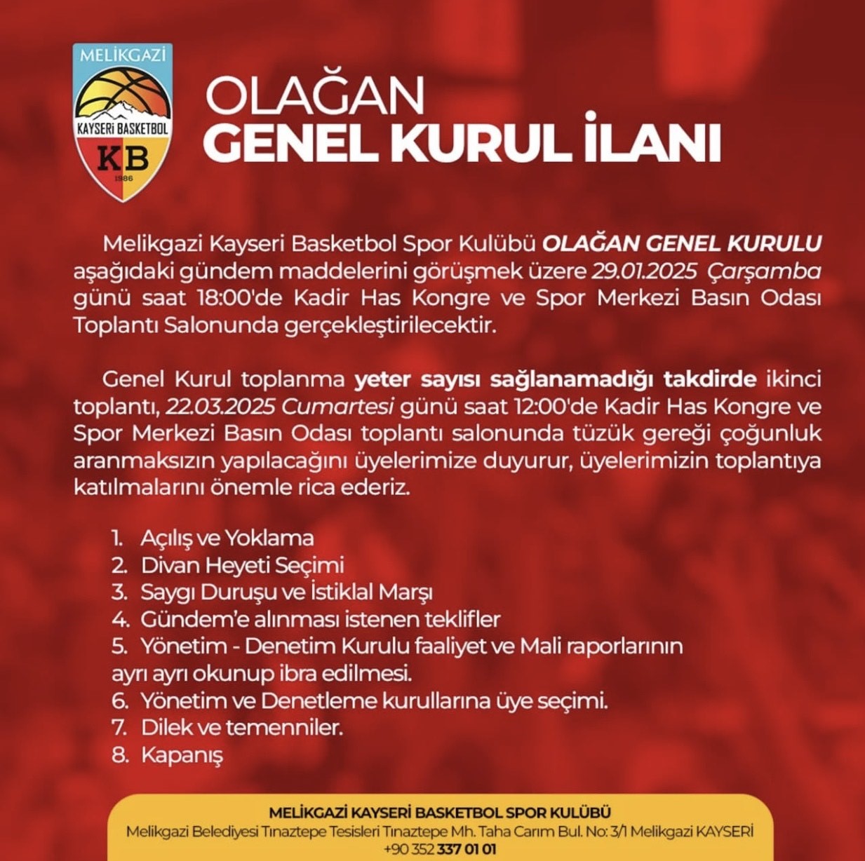 MELİKGAZİ KAYSERİ BASKETBOL TAKIMI OLAĞAN GENEL KURUL YAPACAK