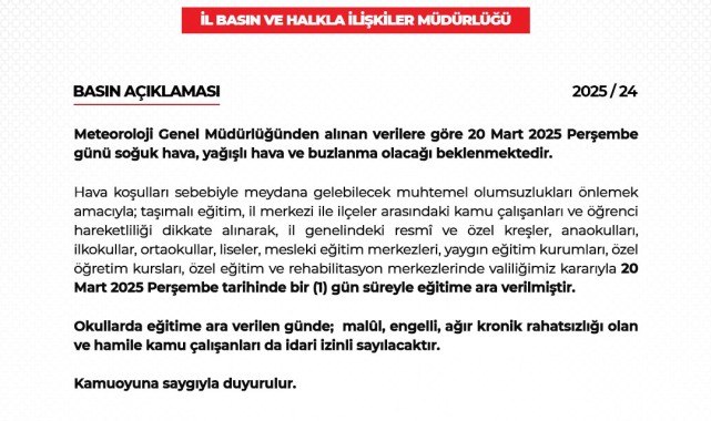 Niğde Valiliği Eğitime 1 Gün Ara Verdi
