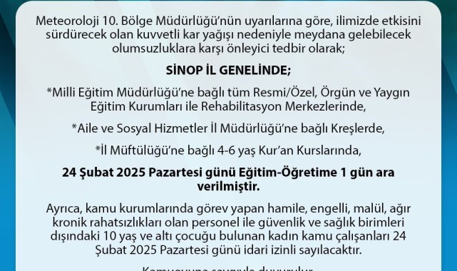 Sinop'ta Kar Yağışı Nedeniyle Eğitime Ara Verildi