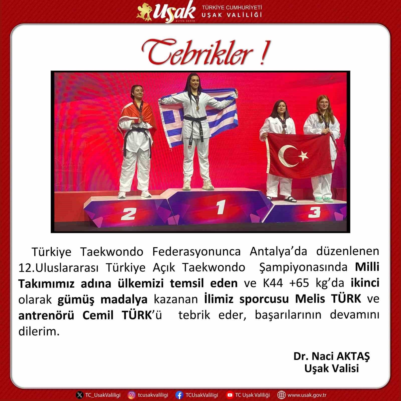 UŞAK VALİSİ NACİ AKTAŞ'TAN TEBRİK MESAJI